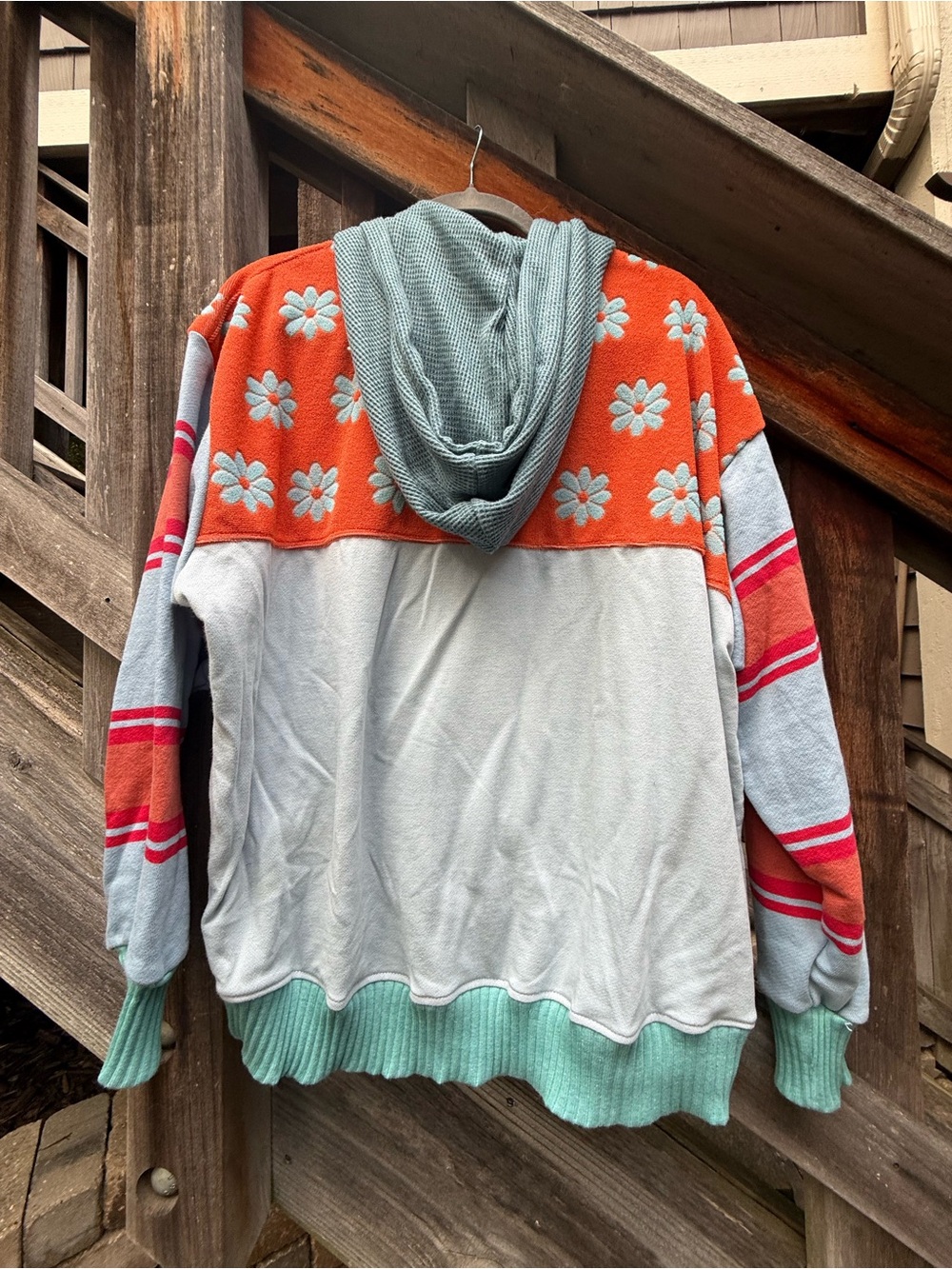 Oddment Apparel - Handmade Patchwork Hoodie- Orange & Light Blue - Picture 2 of 3